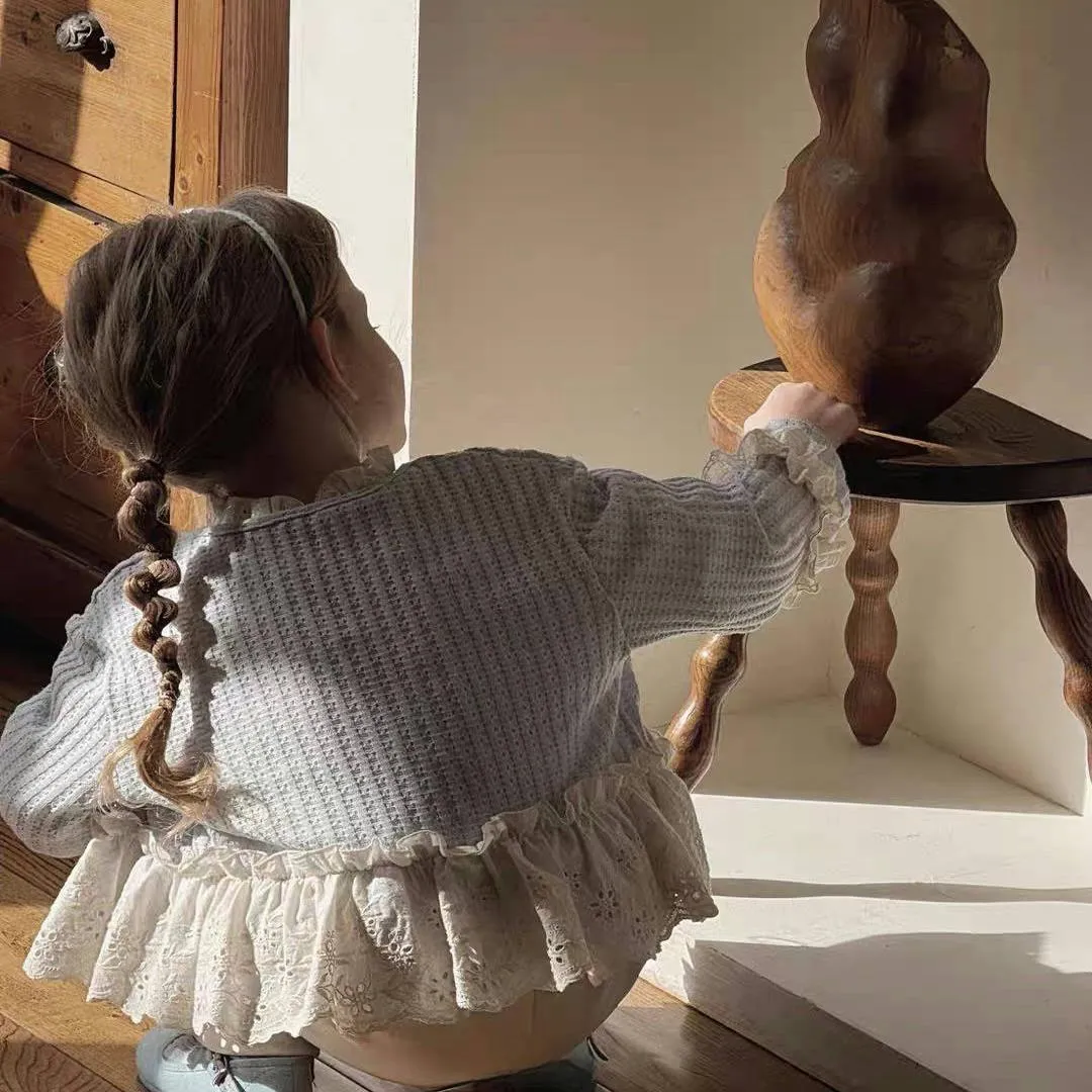 Girls' mori style three-piece suit with knitted cardigan, beige shirt, and patchwork wide-leg pants