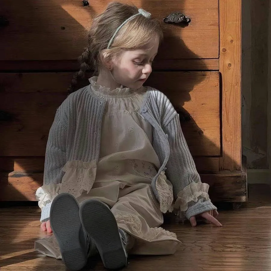 Girls' mori style three-piece suit with knitted cardigan, beige shirt, and patchwork wide-leg pants
