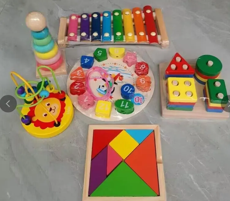 Orff wooden eight-tone piano early education toy set with rainbow tower and tangram in kraft box