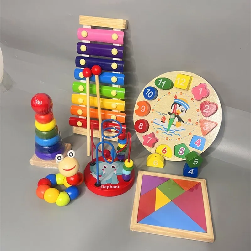 Orff wooden eight-tone piano early education toy set with rainbow tower and tangram in kraft box