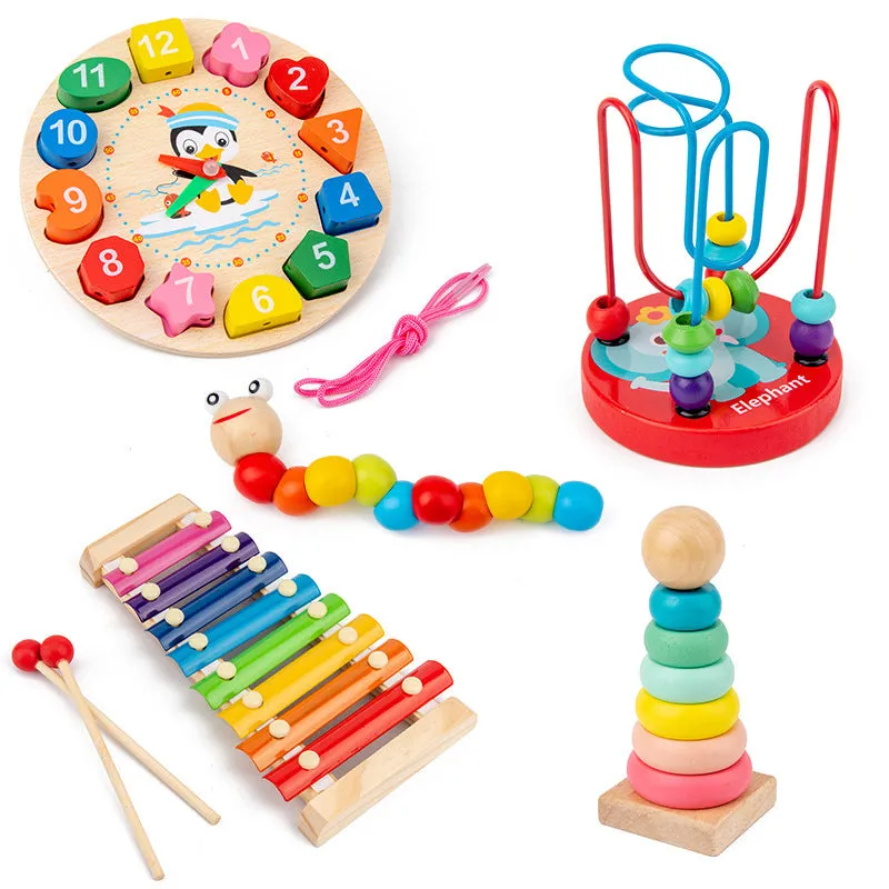 Orff wooden eight-tone piano early education toy set with rainbow tower and tangram in kraft box