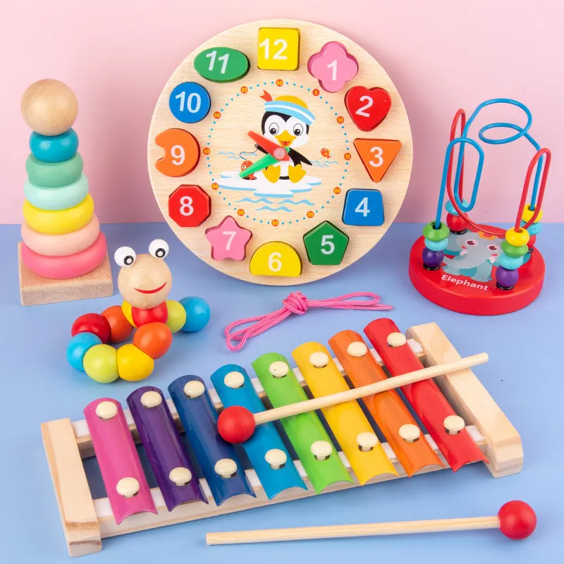 Orff wooden eight-tone piano early education toy set with rainbow tower and tangram in kraft box