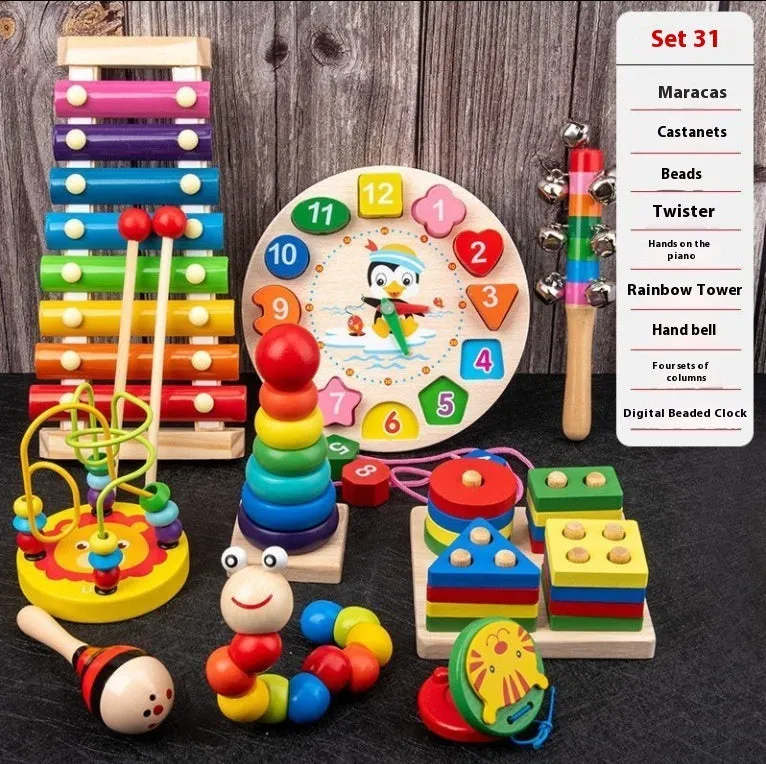 Orff wooden eight-tone piano early education toy set with rainbow tower and tangram in kraft box