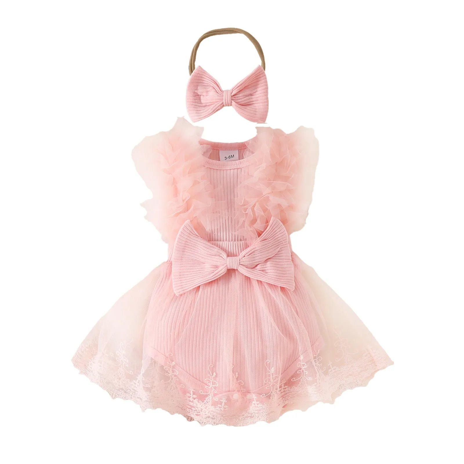 Baby girl in white triangle jumpsuit leotard with sweet bow hair band
