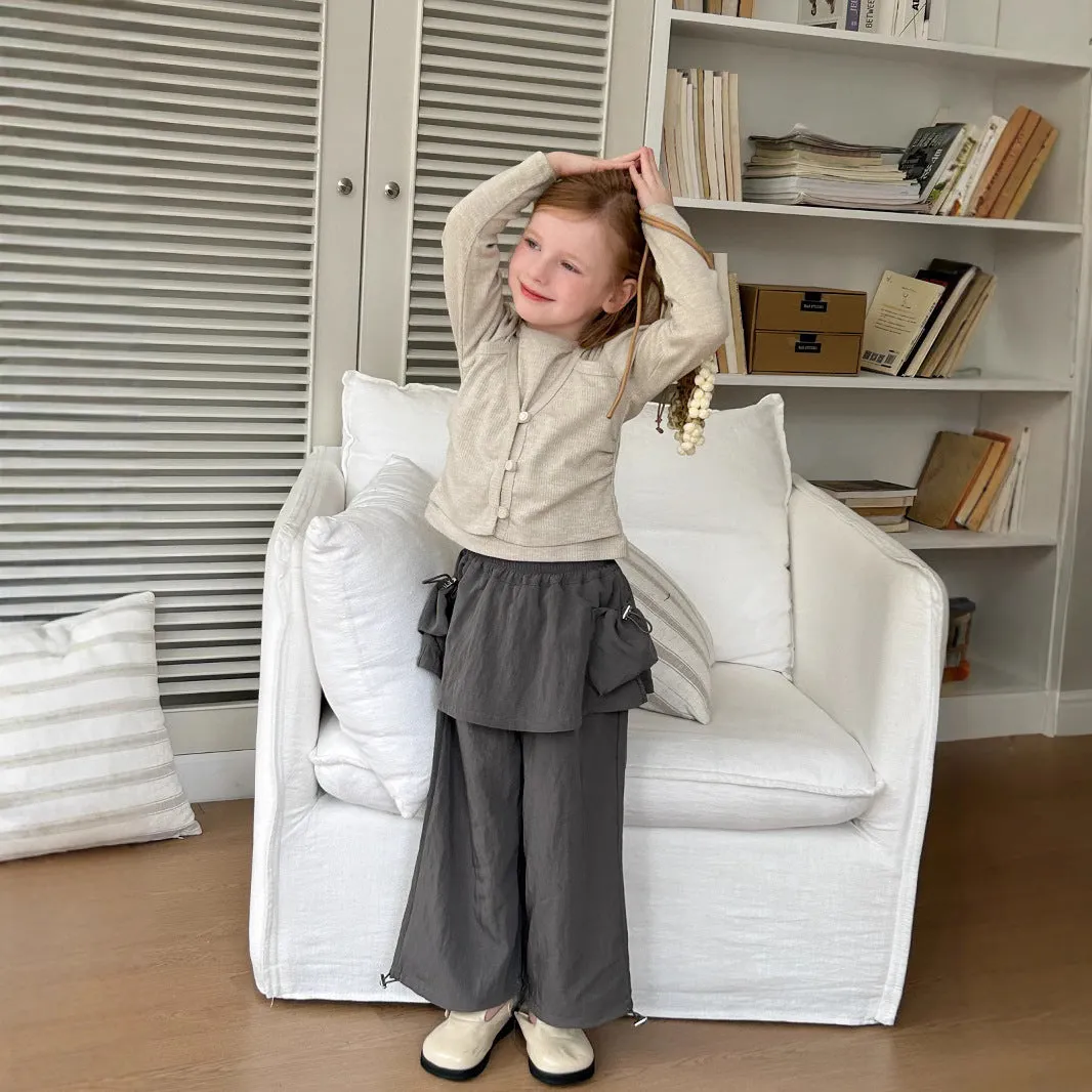 Girls' loose casual trousers with fart curtain, solid colour apricot, mid waist, chemical fibre blend, for heights 90-150cm