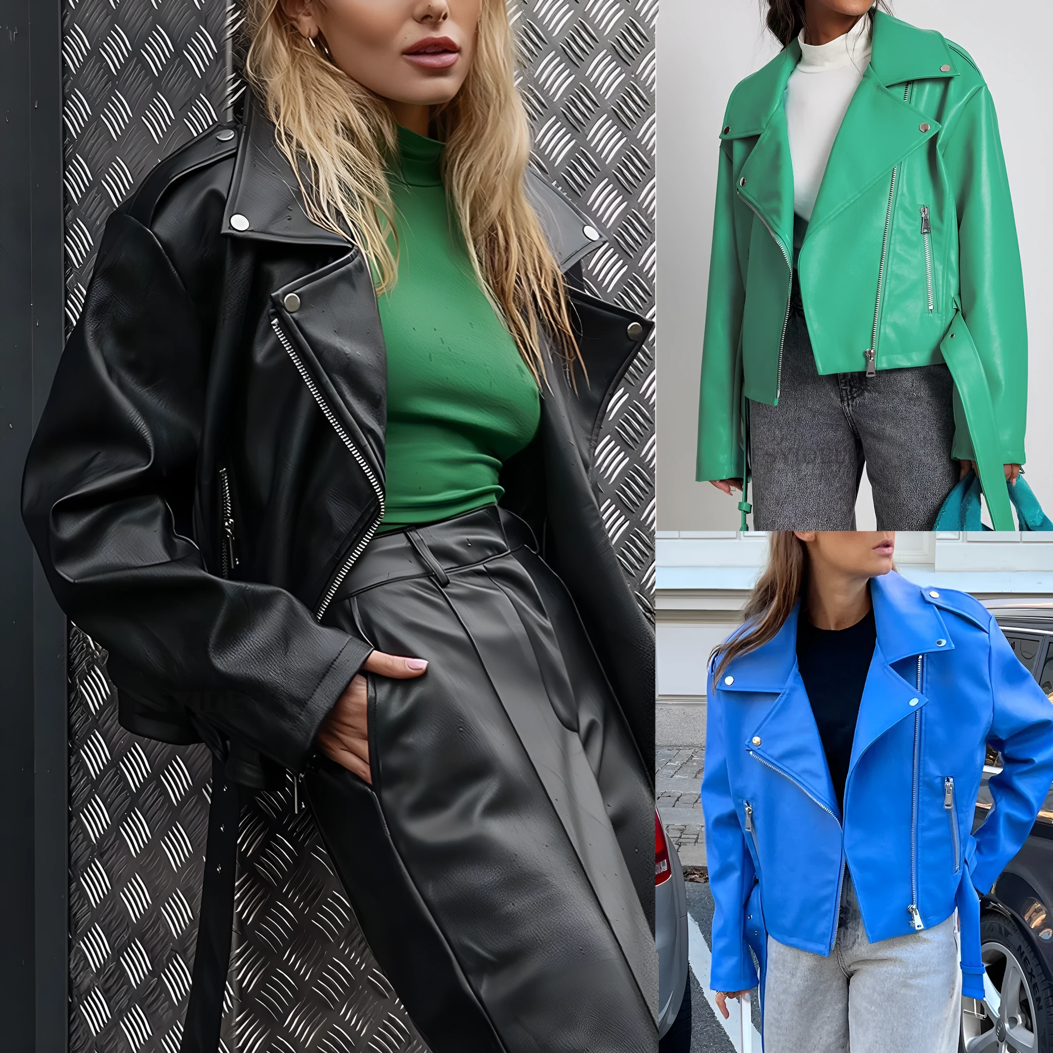 Black punk locomotive style leather jacket with a short belt lapel and Peter Pan collar.