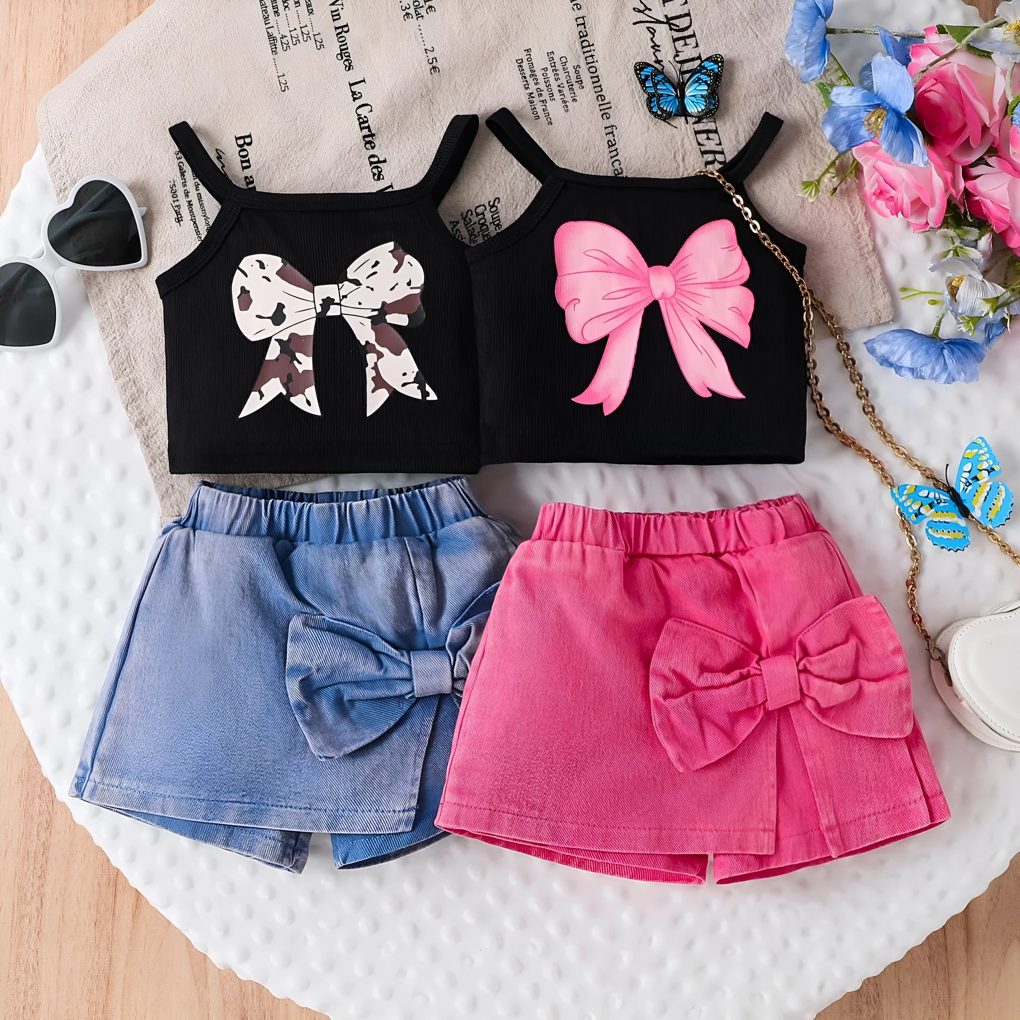 Blue cotton bow print sling pantskirt suit for girls, sleeveless pullover summer outfit
