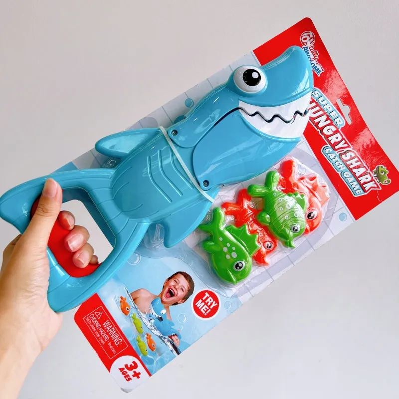 Green ABS plastic crocodile eating small fish bath toy set with four small fish