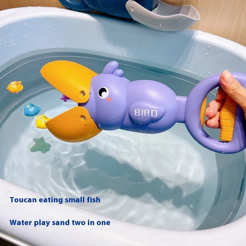 Green ABS plastic crocodile eating small fish bath toy set with four small fish