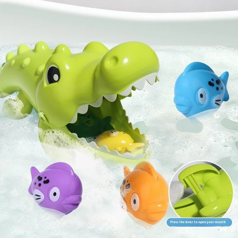 Green ABS plastic crocodile eating small fish bath toy set with four small fish