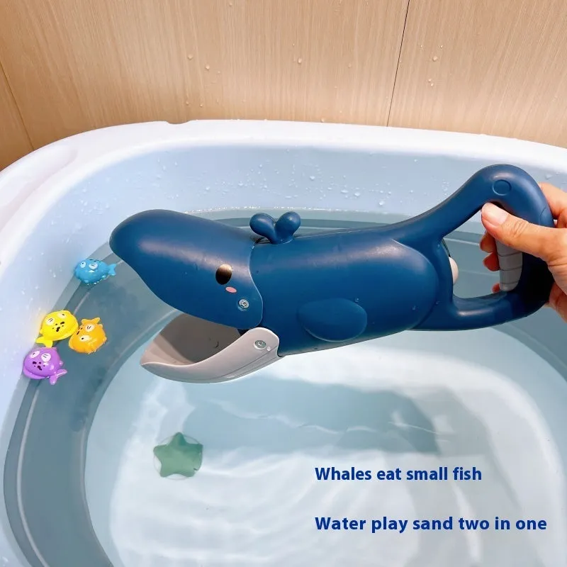 Green ABS plastic crocodile eating small fish bath toy set with four small fish