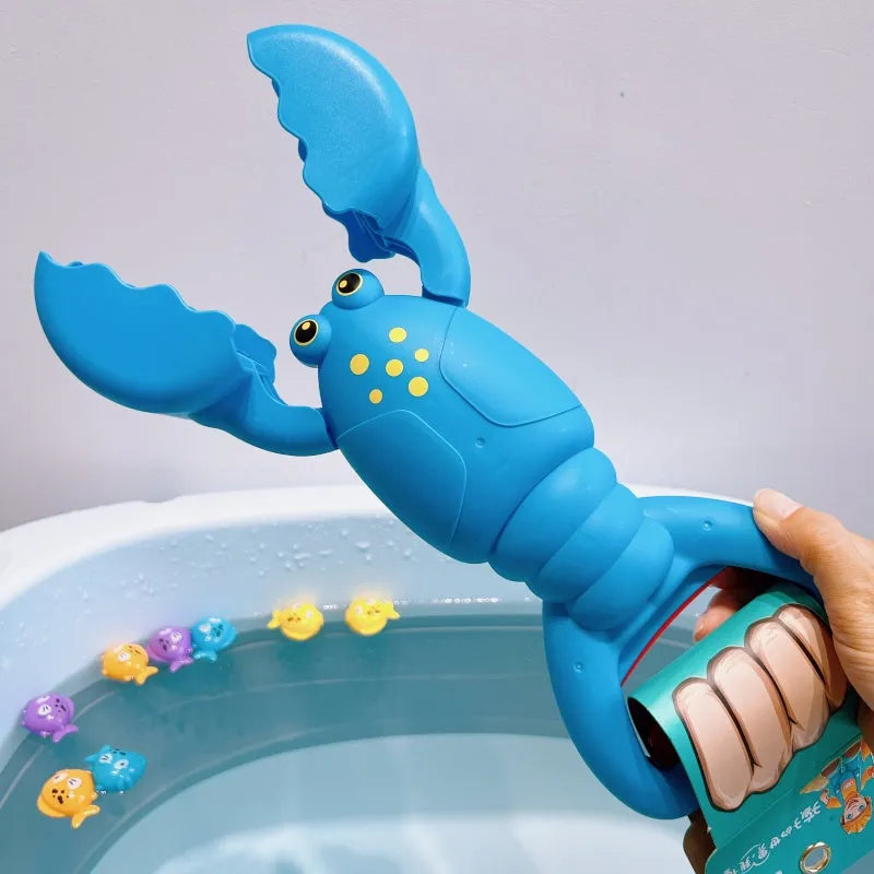 Green ABS plastic crocodile eating small fish bath toy set with four small fish