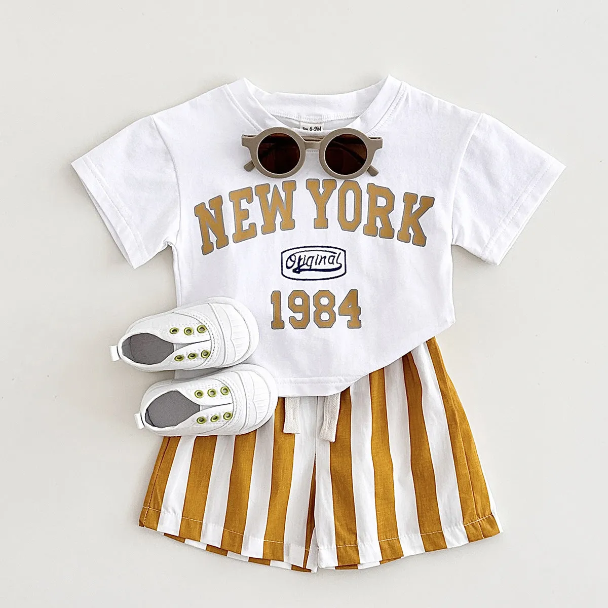 Children's cotton summer two-piece set with letter print in navy blue, suitable for heights up to 100cm