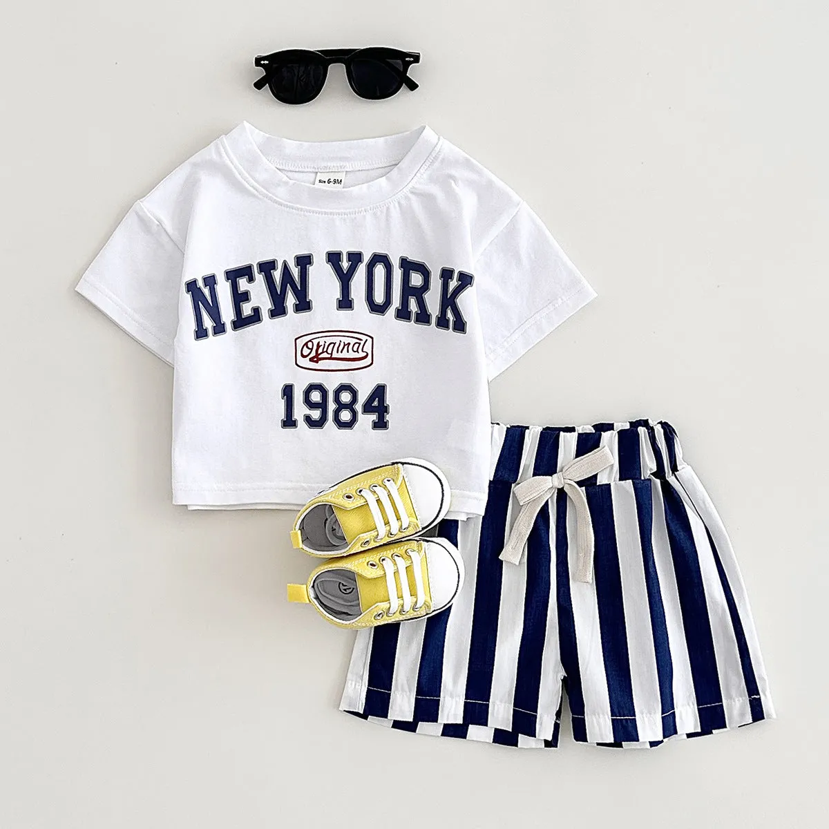 Children's cotton summer two-piece set with letter print in navy blue, suitable for heights up to 100cm