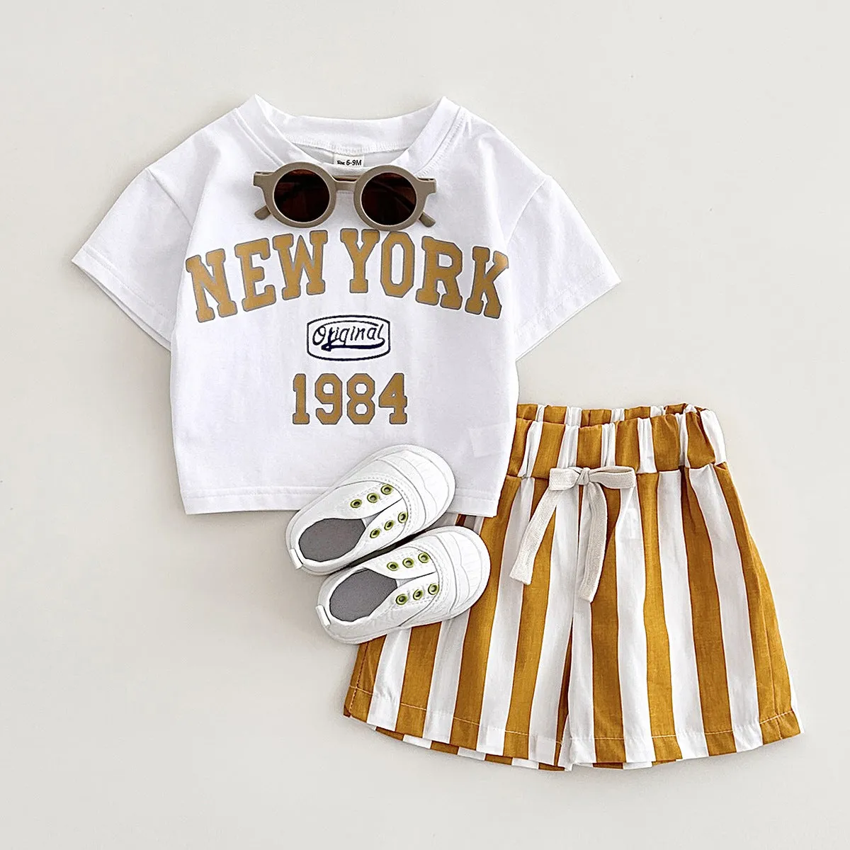 Children's cotton summer two-piece set with letter print in navy blue, suitable for heights up to 100cm
