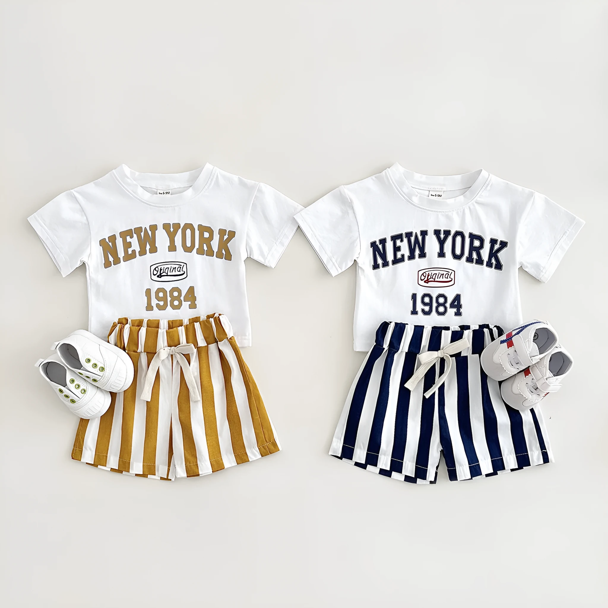 Children's cotton summer two-piece set with letter print in navy blue, suitable for heights up to 100cm