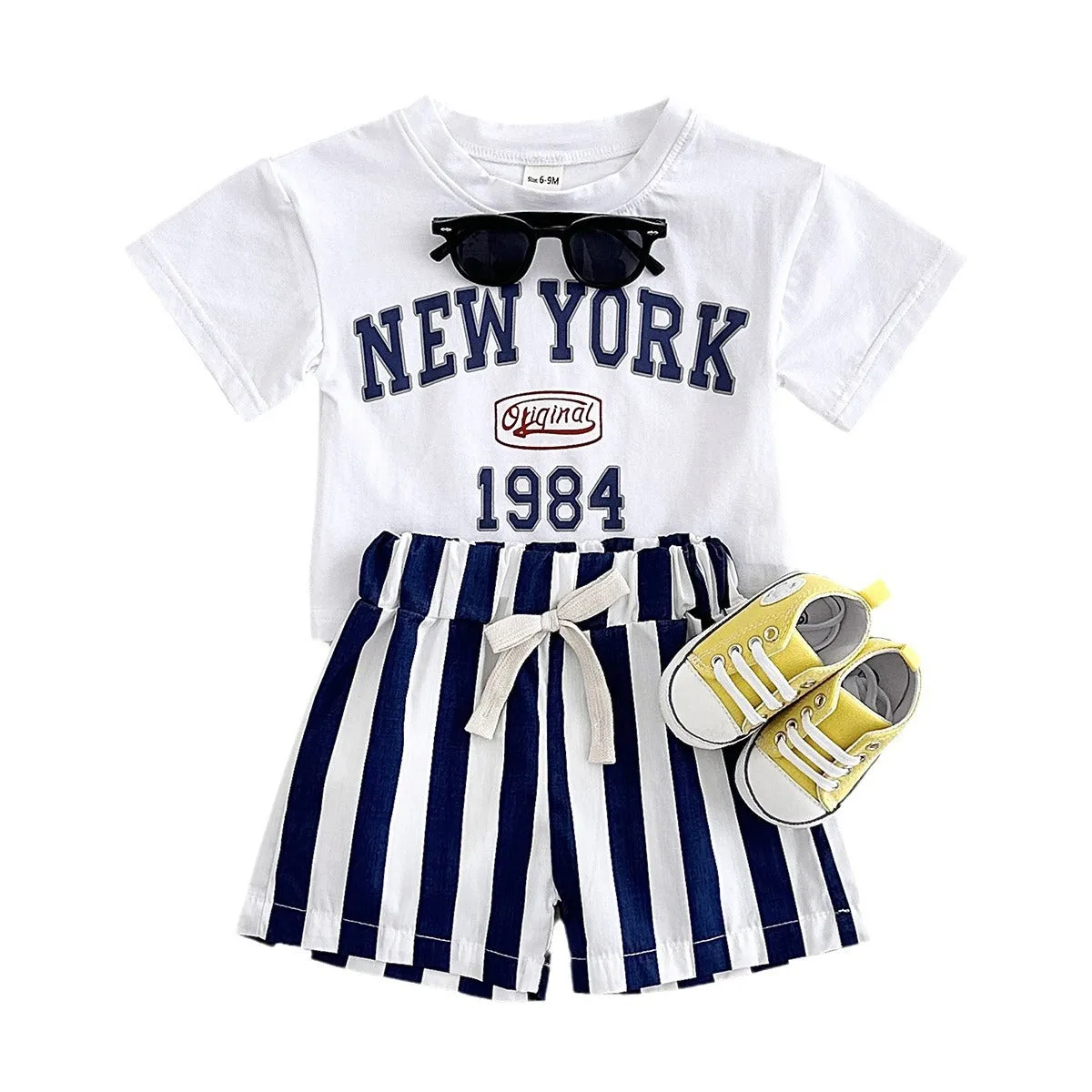 Children's cotton summer two-piece set with letter print in navy blue, suitable for heights up to 100cm