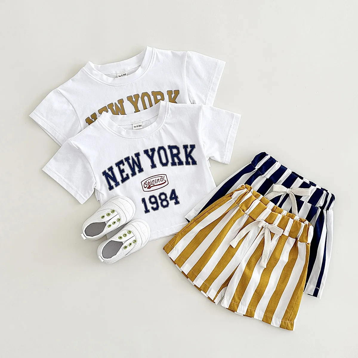 Children's cotton summer two-piece set with letter print in navy blue, suitable for heights up to 100cm