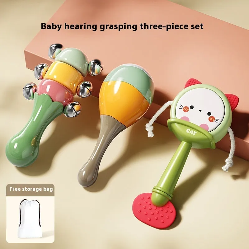 Baby rattle gift box set with sand hammer handbell and rattle drum in kitten green