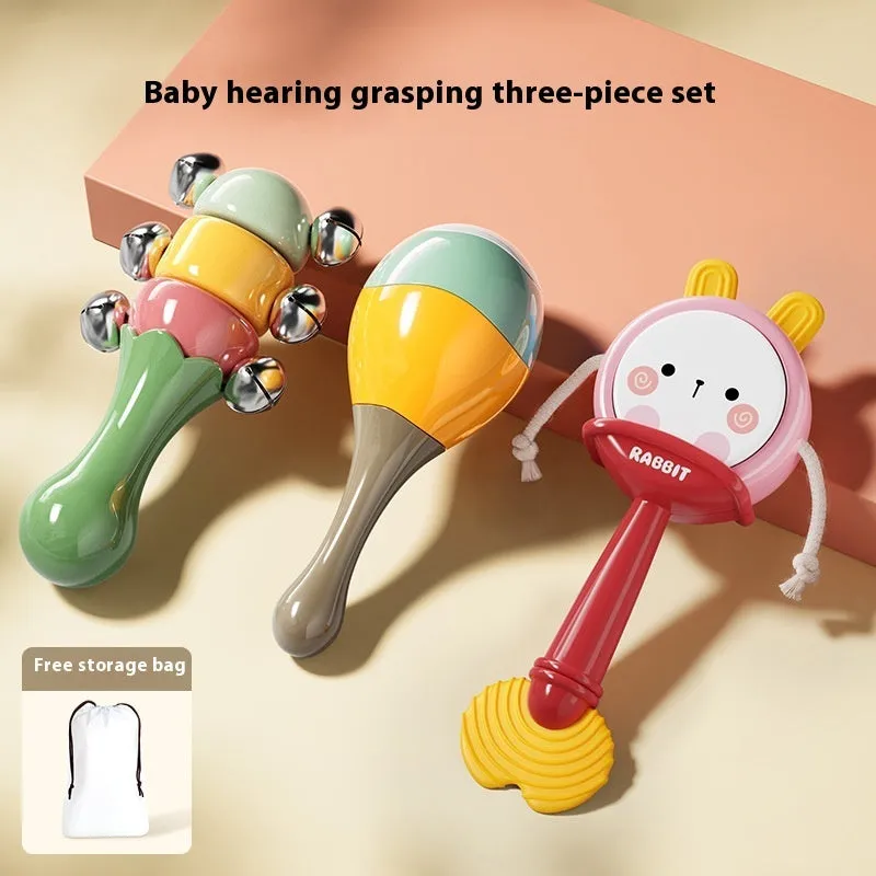 Baby rattle gift box set with sand hammer handbell and rattle drum in kitten green