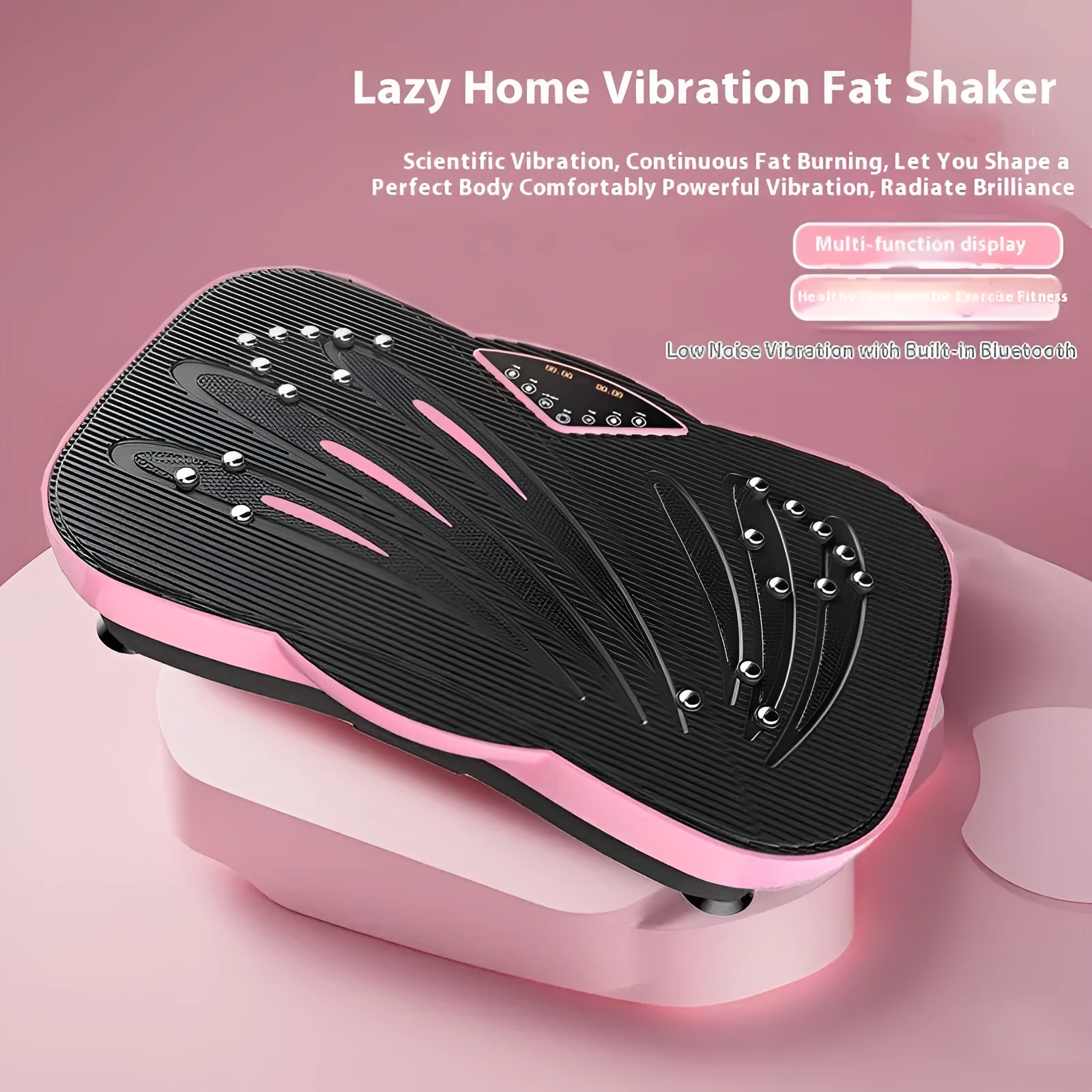 Black and pink power plate vibration platform with remote control for home fitness and massage