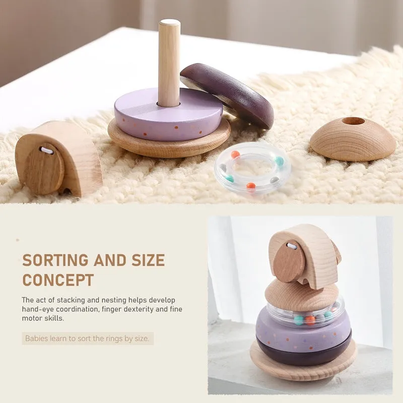 Wooden baby stacking post set with colourful shapes on a central post, packed in a cowhide box