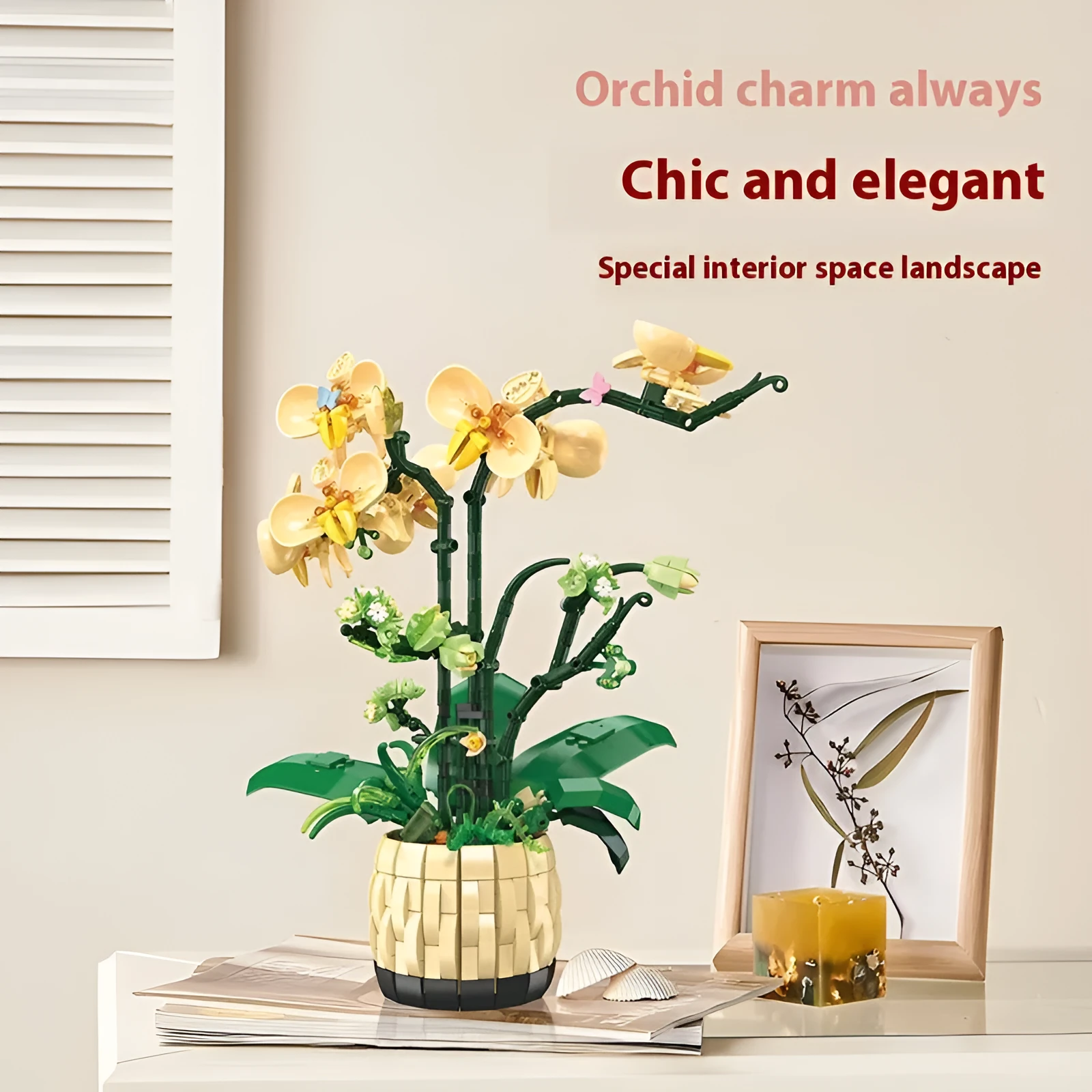 Assembled orchid potted decoration made from plastic building blocks in Jetstar 9067 style on a desk