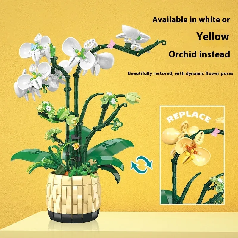 Assembled orchid potted decoration made from plastic building blocks in Jetstar 9067 style on a desk