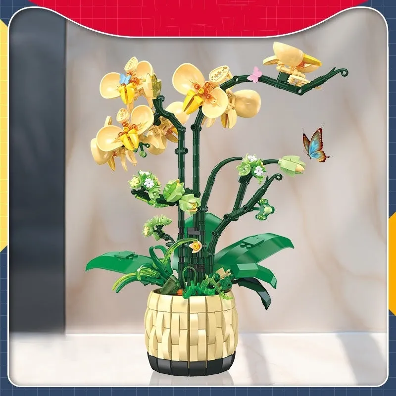 Assembled orchid potted decoration made from plastic building blocks in Jetstar 9067 style on a desk