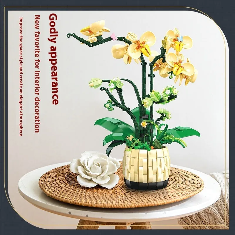 Assembled orchid potted decoration made from plastic building blocks in Jetstar 9067 style on a desk