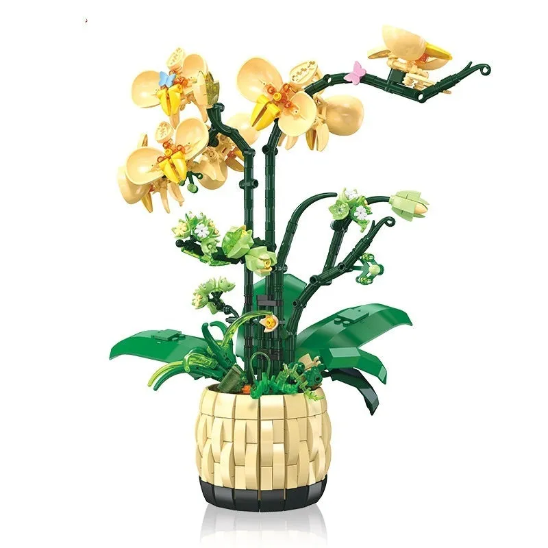 Assembled orchid potted decoration made from plastic building blocks in Jetstar 9067 style on a desk
