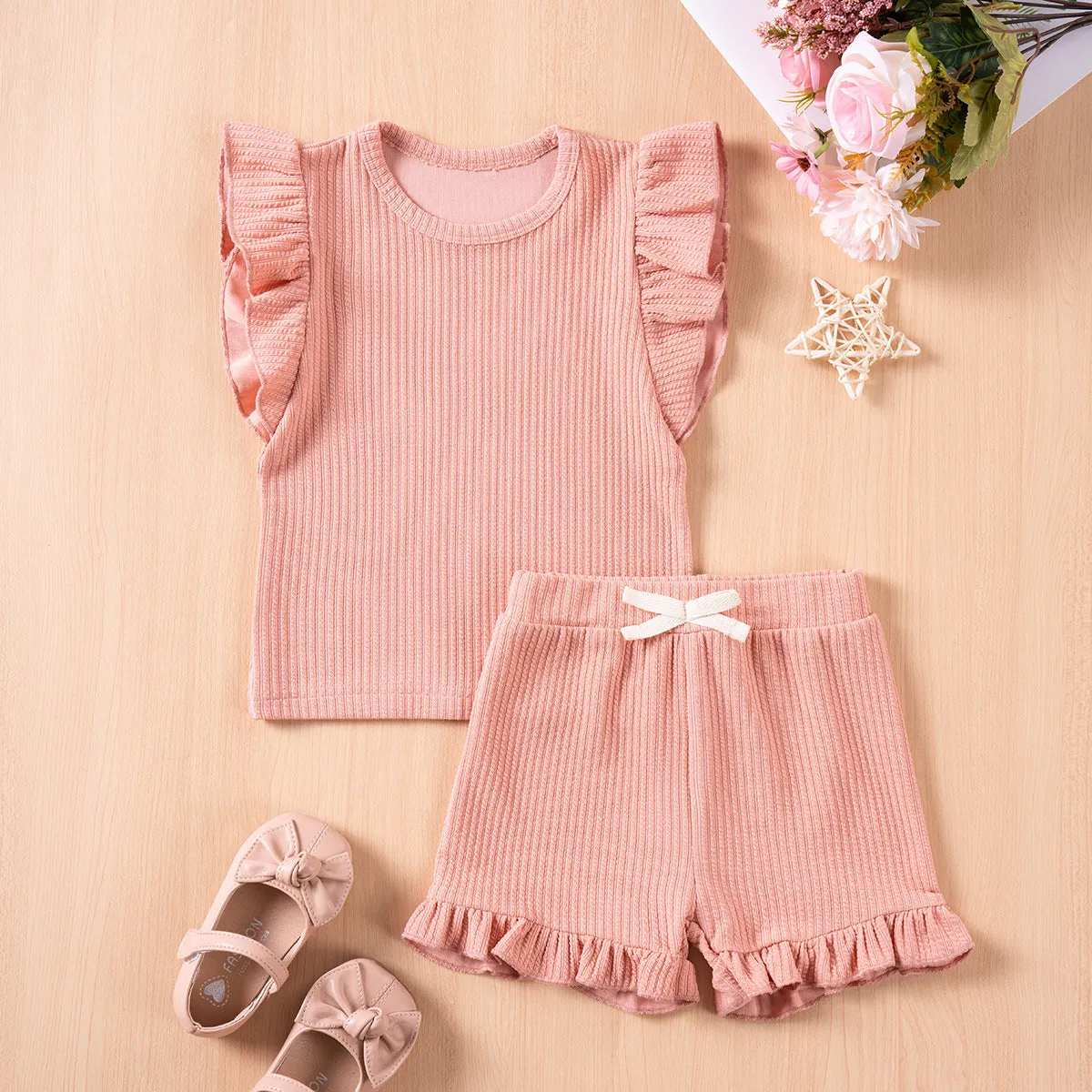Girls' solid colour summer suit with flounced sleeves and shorts in knitted polyester for children 80-120cm