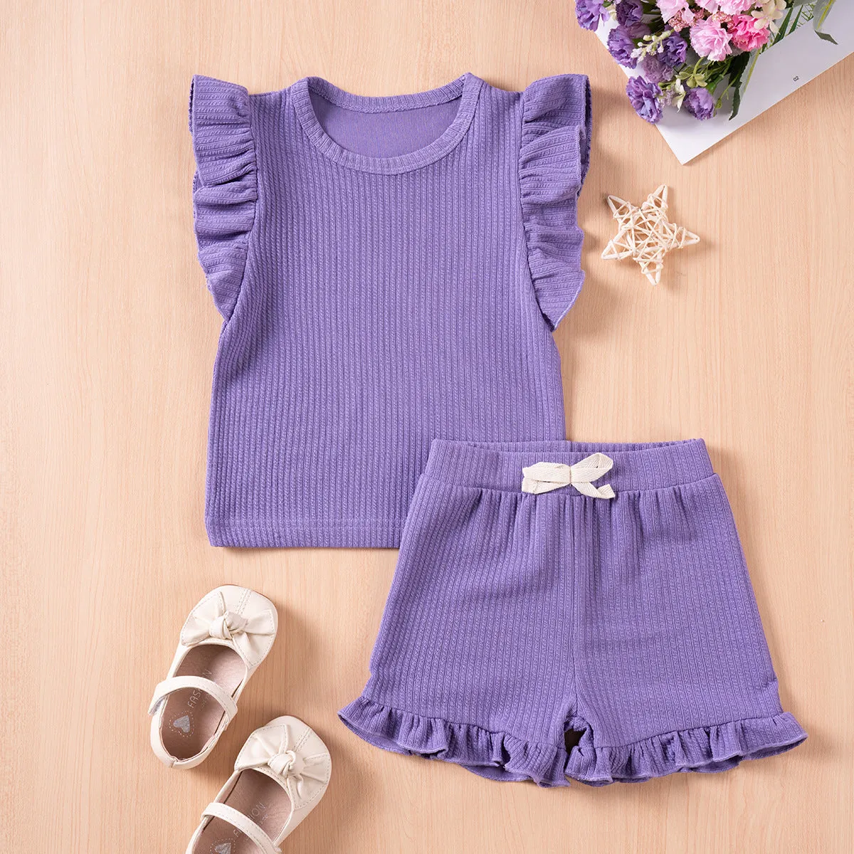 Girls' solid colour summer suit with flounced sleeves and shorts in knitted polyester for children 80-120cm