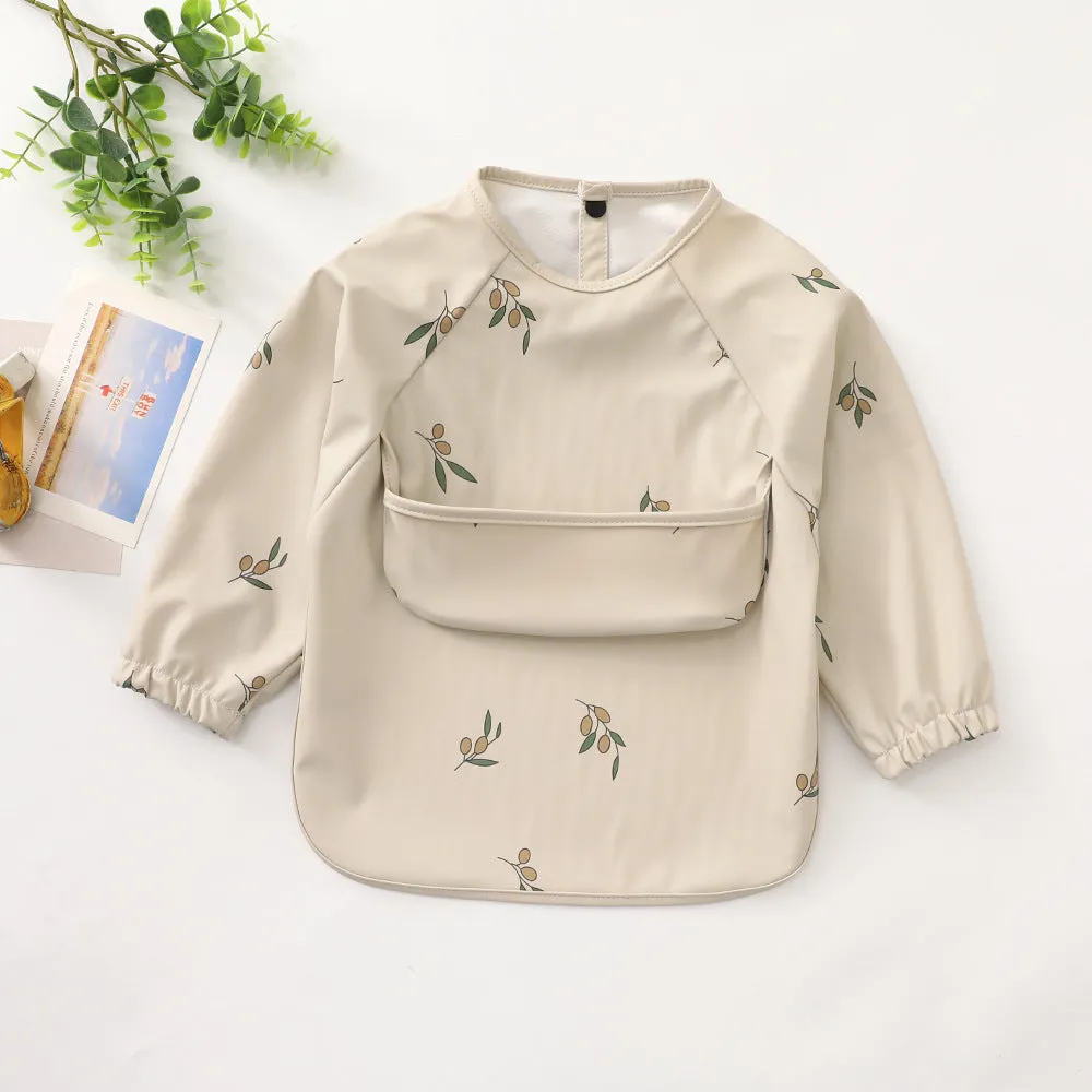 Children's long-sleeved PU upper pocket bib with cartoon pattern, pink dot colour, size S