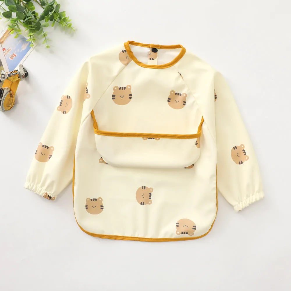 Children's long-sleeved PU upper pocket bib with cartoon pattern, pink dot colour, size S