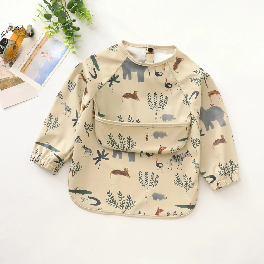 Children's long-sleeved PU upper pocket bib with cartoon pattern, pink dot colour, size S
