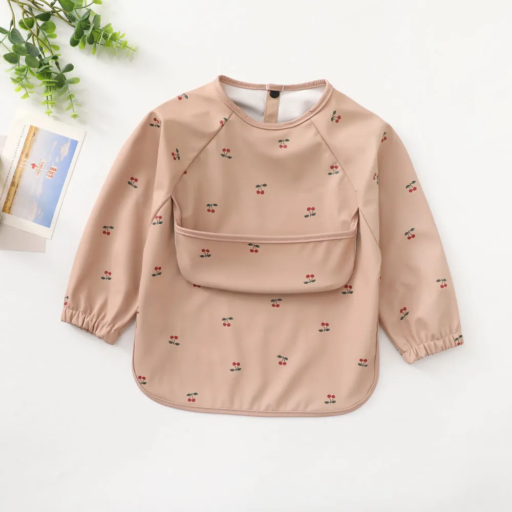 Children's long-sleeved PU upper pocket bib with cartoon pattern, pink dot colour, size S