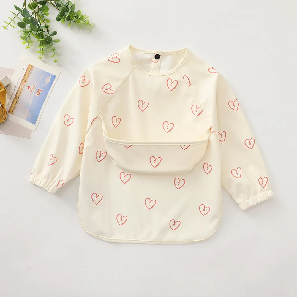 Children's long-sleeved PU upper pocket bib with cartoon pattern, pink dot colour, size S