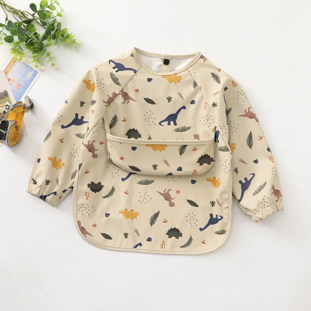 Children's long-sleeved PU upper pocket bib with cartoon pattern, pink dot colour, size S