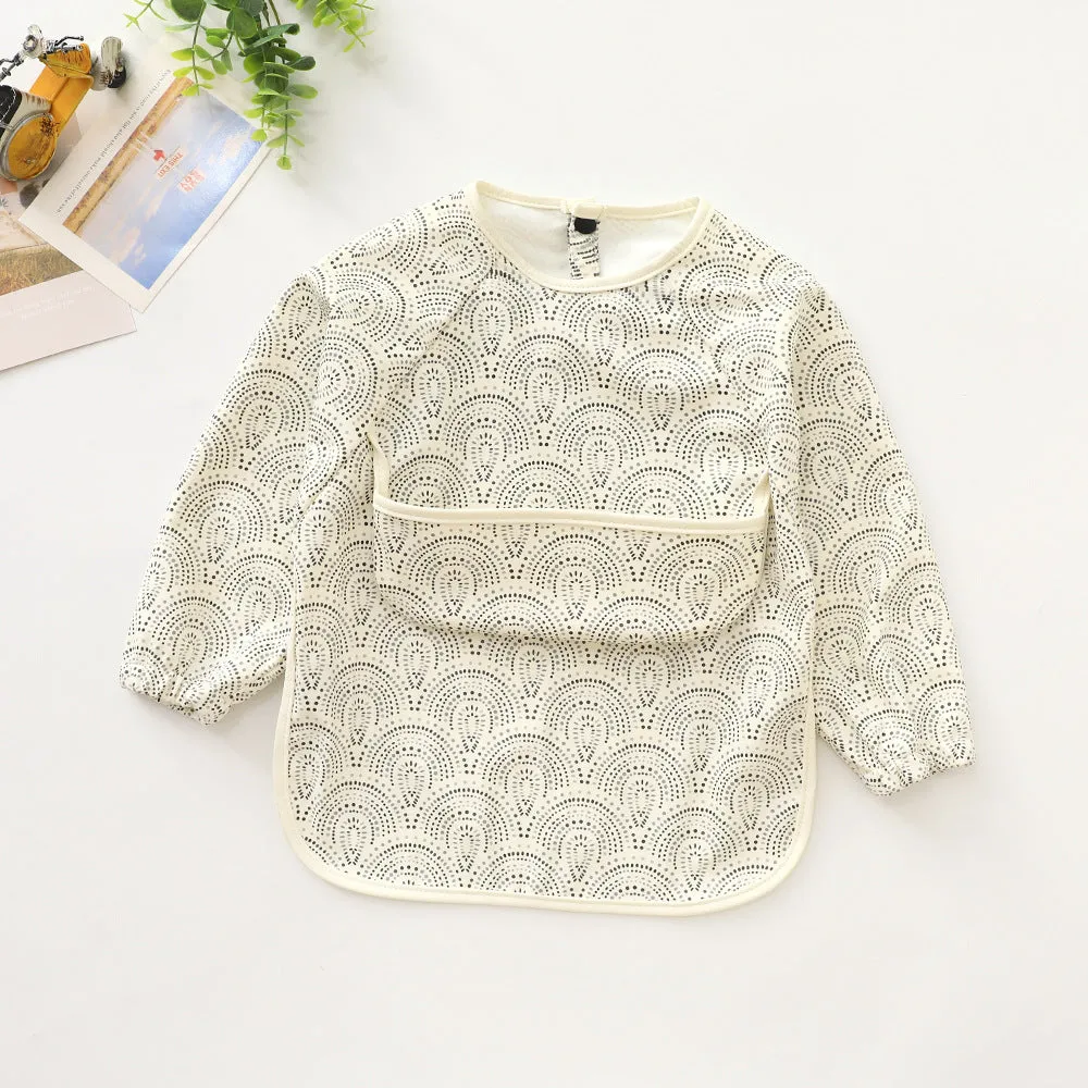 Children's long-sleeved PU upper pocket bib with cartoon pattern, pink dot colour, size S