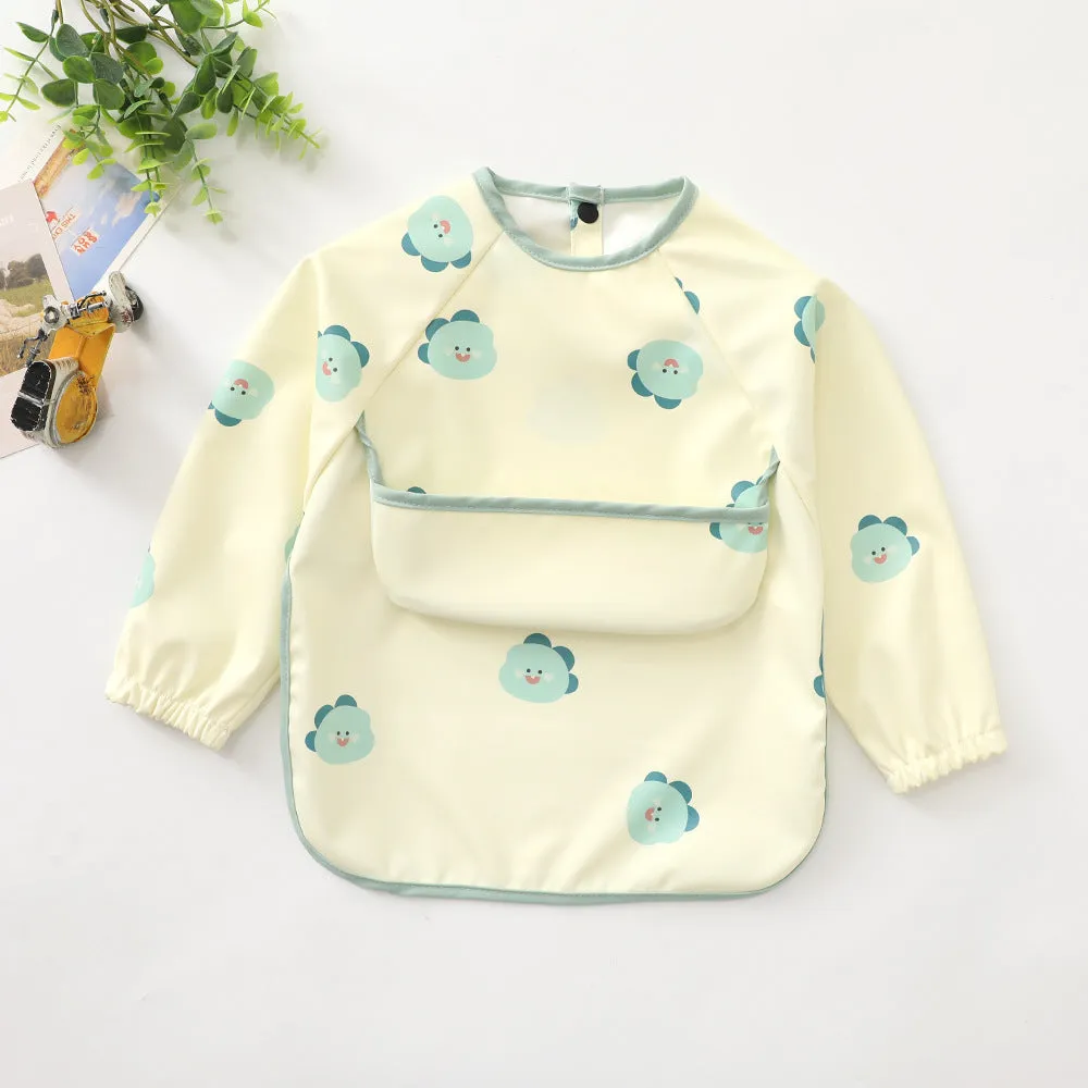 Children's long-sleeved PU upper pocket bib with cartoon pattern, pink dot colour, size S