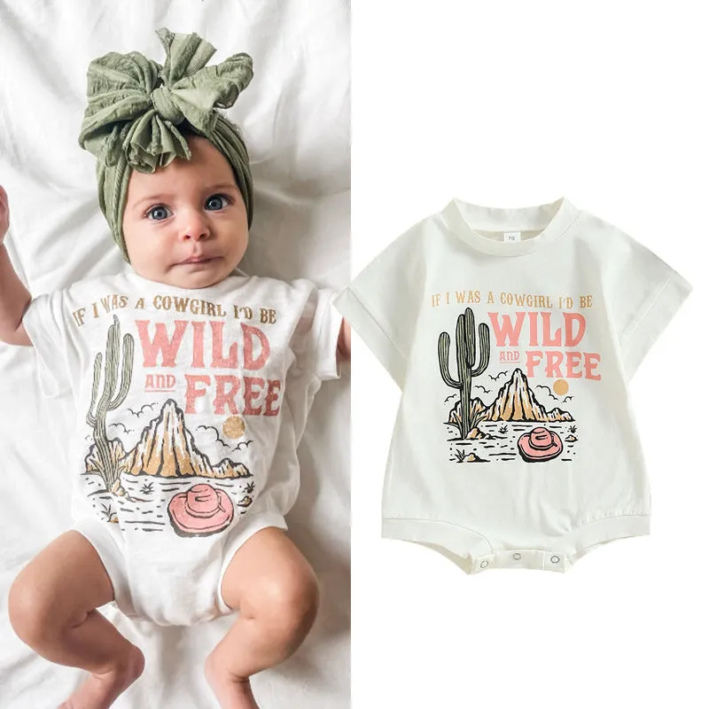 White girls cotton jumpsuit with cactus print on front, round neck, suitable for 70-100cm height