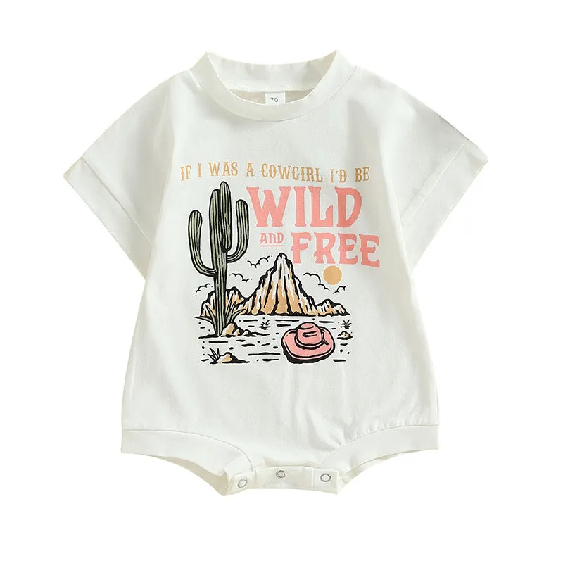 White girls cotton jumpsuit with cactus print on front, round neck, suitable for 70-100cm height
