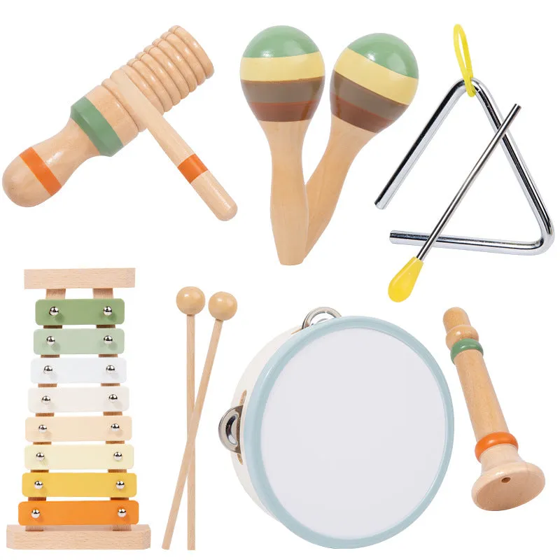 Children's wooden Orff early education musical instrument 6-piece set in colour box with qin, croaker, tambourine, sand hammer, trumpet, and triangle iron