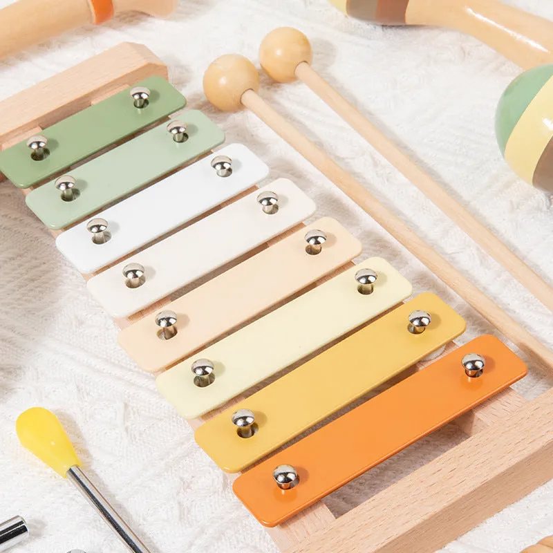 Children's wooden Orff early education musical instrument 6-piece set in colour box with qin, croaker, tambourine, sand hammer, trumpet, and triangle iron