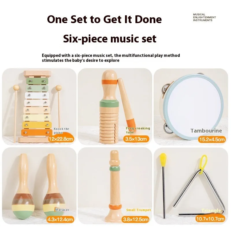 Children's wooden Orff early education musical instrument 6-piece set in colour box with qin, croaker, tambourine, sand hammer, trumpet, and triangle iron