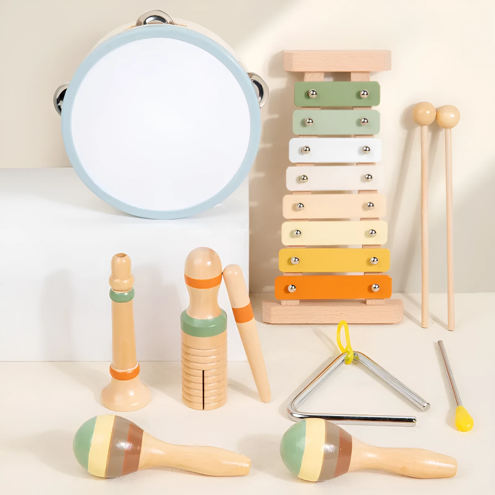 Children's wooden Orff early education musical instrument 6-piece set in colour box with qin, croaker, tambourine, sand hammer, trumpet, and triangle iron