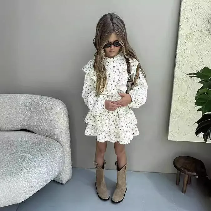 Girls autumn floral lace long sleeve shirt and tiered skirt two-piece cotton set for 90-140cm height