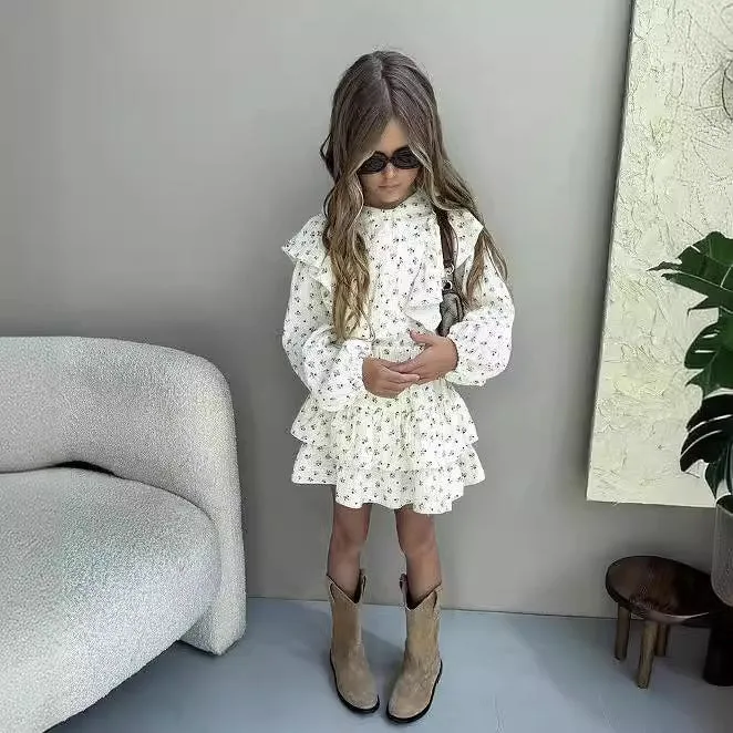 Girls autumn floral lace long sleeve shirt and tiered skirt two-piece cotton set for 90-140cm height