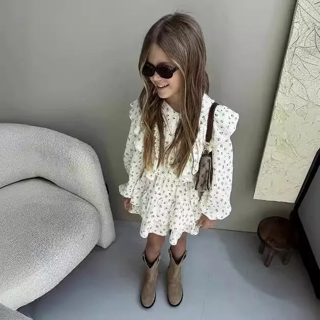 Girls autumn floral lace long sleeve shirt and tiered skirt two-piece cotton set for 90-140cm height